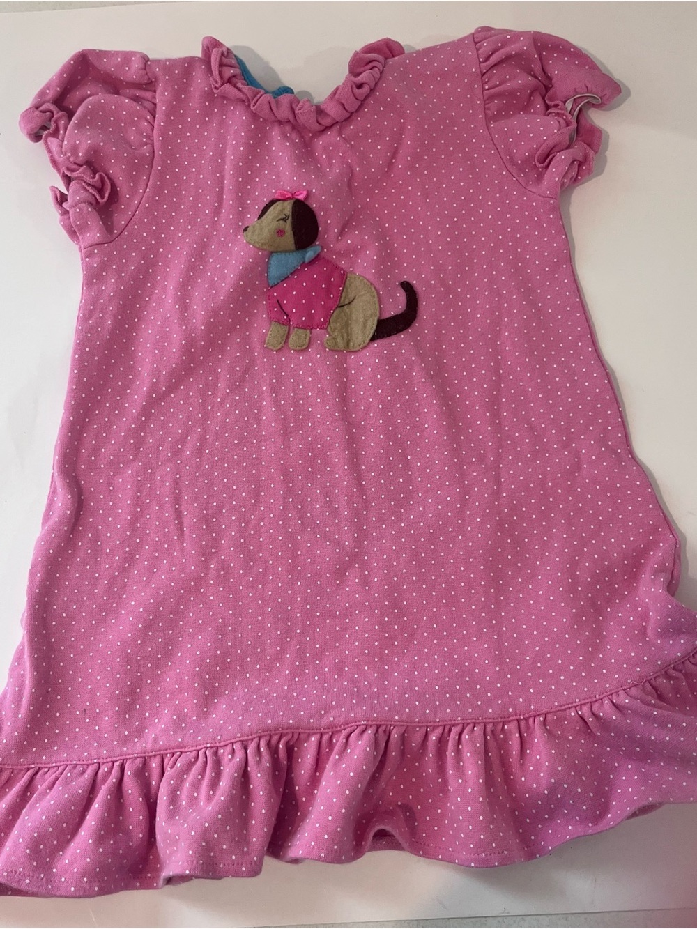 Luigi Kids Girls Pink Polka Dot Dress With Applique Dog Ruffles 4 Short Sleeve